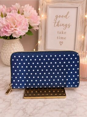 Dabney Lee Blue Polka Dot Zip Wallet with Gold Hardware